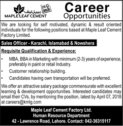 Sales Officer Jobs in Maple Leaf Cement Pakistan 2018 April Latest