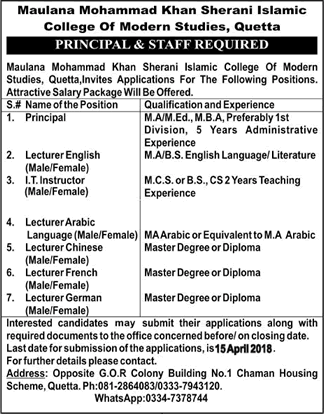 Maulana Muhammad Khan Sherani Islamic College of Modern Studies Quetta Jobs 2018 April Latest