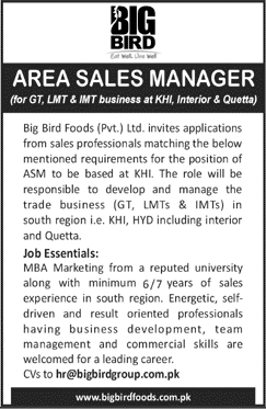 Area Sales Manager Jobs in Big Bird Foods Pvt Ltd Pakistan 2018 April Latest