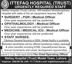 Ittefaq Hospital Lahore Jobs April 2018 Medical Officers & Staff Nurses Latest