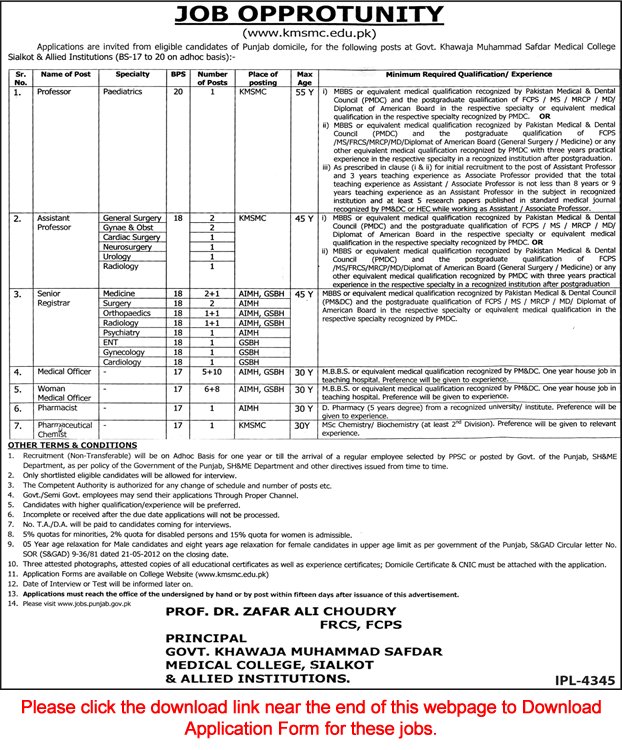 Khawaja Muhammad Safdar Medial College Sialkot Jobs April 2018 Application Form Download Latest