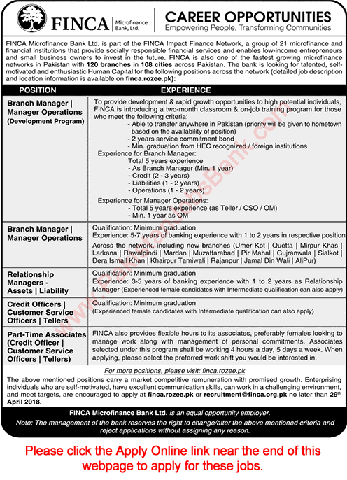 FINCA Microfinance Bank Pakistan Jobs 2018 April Apply Online Branch Managers, Tellers & Others Latest