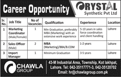 Crystal Synthetic Pvt Ltd Lahore Jobs 2018 April Sales Officers, Marketing Coordinator & Import Manager Latest