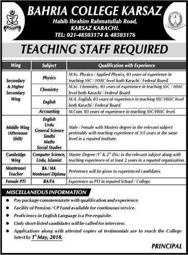 Bahria College Karsaz Karachi Jobs 2018 April Teachers & Female PTI Latest