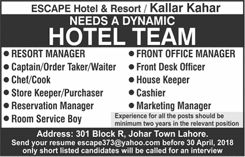 Escape Hotel and Resort Kallar Kahar Jobs 2018 April Cooks, Waiters, Store Keeper & Others Latest