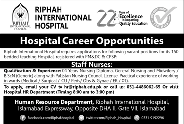 Staff Nurse Jobs in Riphah International Hospital Islamabad 2018 April Latest