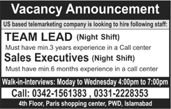 Call Center Jobs in Islamabad April 2018 Team Lead & Sales Executive Walk in Interview Latest