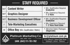 Platinum Marketing Lahore Jobs 2018 April Graphic Designer, Office Boy & Others Latest