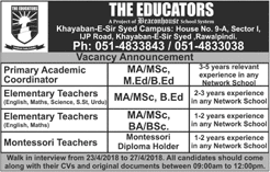 The Educators School Rawalpindi Jobs April 2018 Teachers & Academic Coordinator Walk in Interview Latest