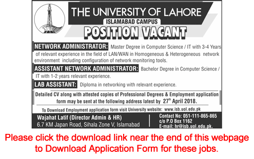 University of Lahore Islamabad Campus Jobs April 2018 Application Form Download Latest