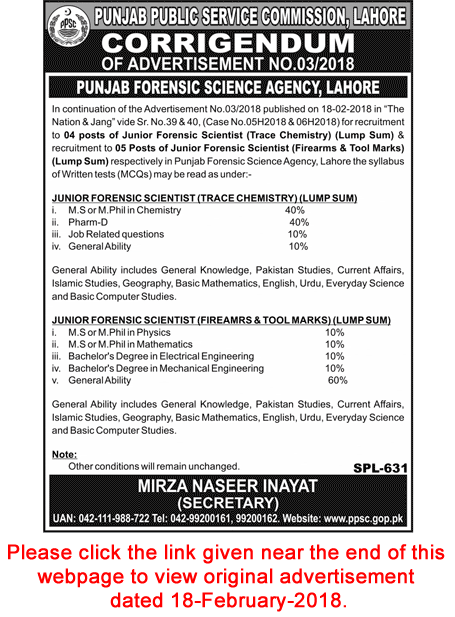 Punjab Forensic Science Agency Jobs April 2018 PPSC Advertisement No 03/2018 Corrigendum Latest