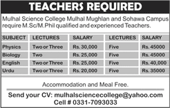 Lecturer Jobs in Rawalpindi April 2018 May at Mulhal Science College Sohawa Latest