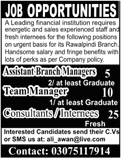 Consultants / Internees & Other Jobs in Rawalpindi 2018 April / May Financial Institute Latest