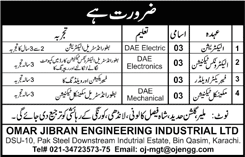 Omar Jibran Engineering Industrial Limited Karachi Jobs 2018 April / May Electricians, Fabricator / Welder & Others Latest