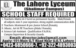 Lahore Lyceum School Jobs 2018 April / May Shalimar Campus Teachers & Others Latest