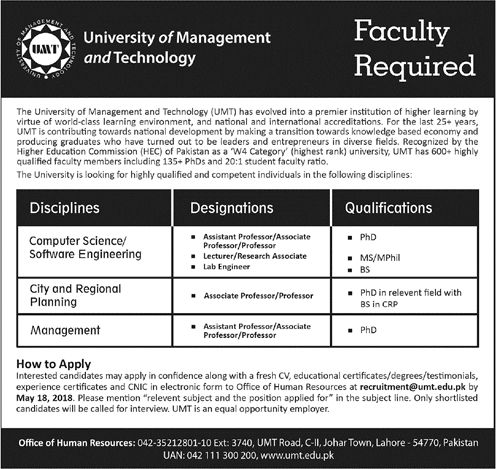 University of Management and Technology Lahore Jobs April 2018 May Teaching Faculty & Lab Engineer Latest