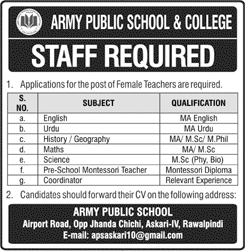 Army Public School and College Rawalpindi Jobs May 2018 Female Teachers & Coordinator Latest