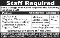 Lecturer Jobs in Base College Wah Cantt Jobs 2018 May Latest