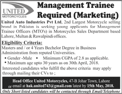 Management Trainee Officer Jobs in United Auto Industries Pvt Ltd Pakistan 2018 May MTO Latest