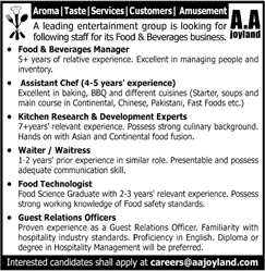 AA Joyland Pvt Ltd Karachi Jobs May 2018 Guest Relations Officers, Waiters & Others Latest