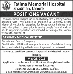 Medical Officer Jobs in Fatima Memorial Hospital Lahore May 2018 Latest
