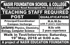 Nasir Foundation School and College Rawalpindi Jobs 2018 May Lecturers & Principal / Coordinator Latest
