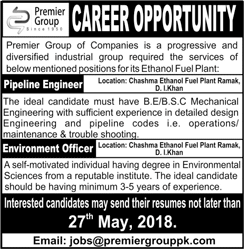Premier Group Pakistan Jobs 2018 May Pipeline Engineer & Environment Officer Latest