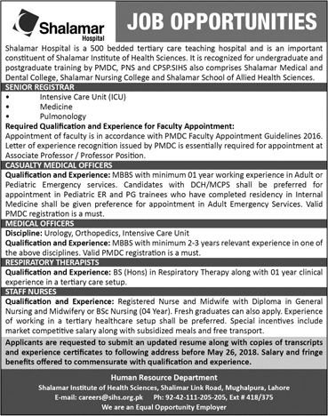 Shalamar Hospital Lahore Jobs May 2018 Medical Officers, Nurses & Others SIHS Latest