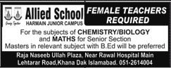 Allied School Islamabad Jobs May 2018 Female Teachers at Harmain Junior Campus Latest