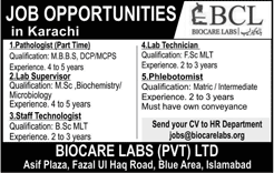Biocare Labs Pvt Ltd Karachi Jobs 2018 May Lab Technician / Supervisor & Others Latest