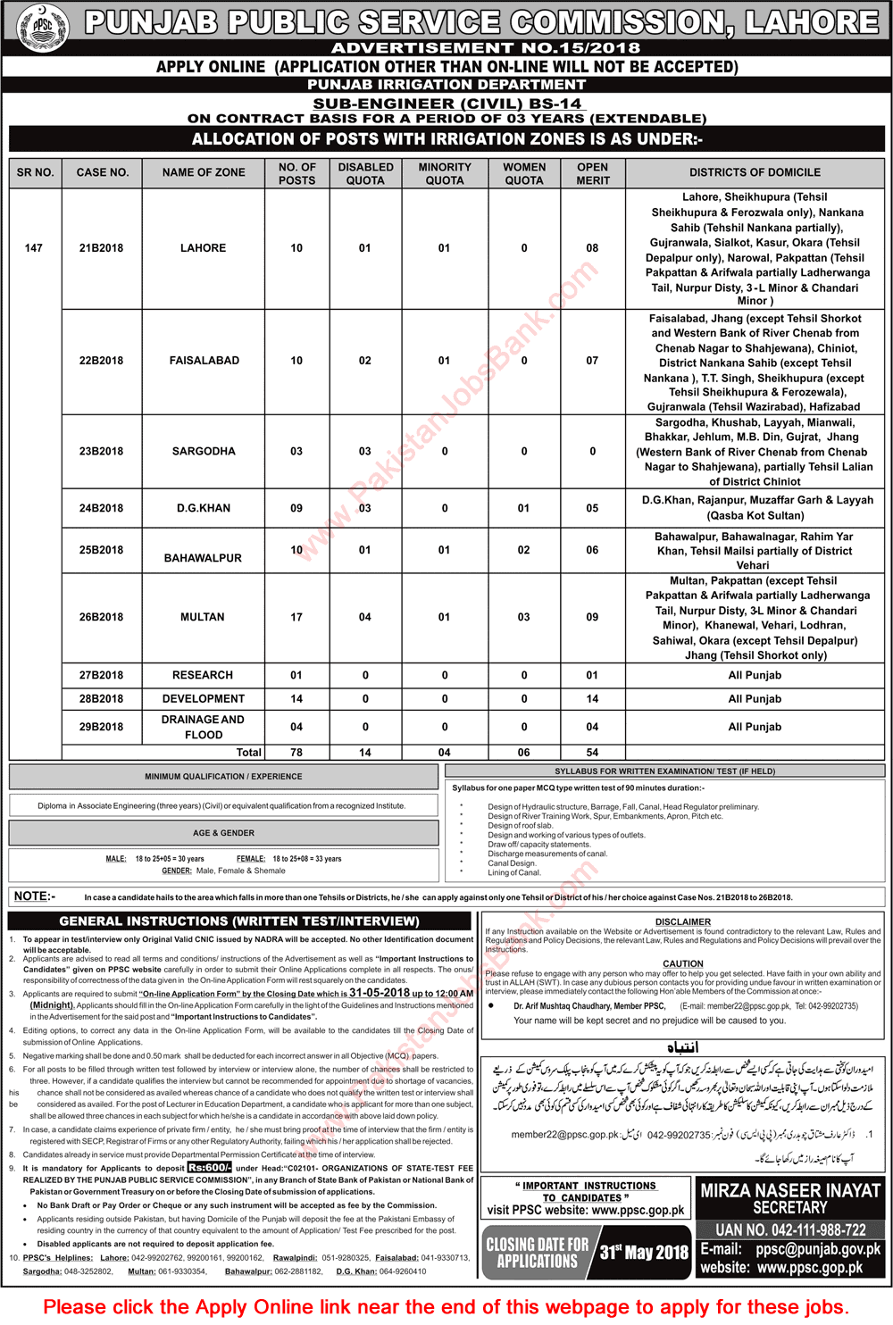 Sub Engineer Jobs in Irrigation Department Punjab 2018 May PPSC Apply Online Civil Engineers Latest