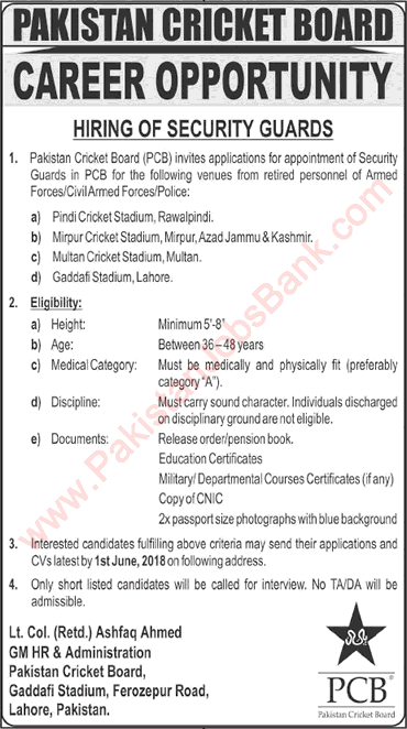 Security Guard Jobs in Pakistan Cricket Board 2018 May Ex / Retired Army Personnel PCB Latest