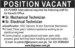 KK Power International Karachi Jobs May 2018 Mechanical & Electrical Technicians Latest
