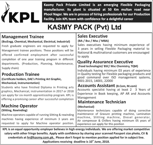 Kasmy Pack Pvt Ltd Kasur Jobs 2018 May Management Trainees, Sales Executive & Others Latest