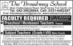 Teaching Jobs in Lahore May 2018 at The Broadway School Latest