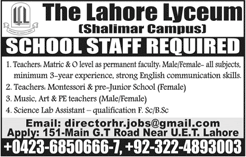 The Lahore Lyceum School Jobs May 2018 Teachers & Lab Assistant at Shalimar Campus Latest