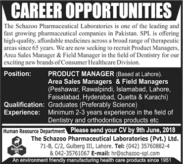 The Schazoo Pharmaceutical Laboratories Pakistan Jobs May 2018 Field Managers & Others Latest