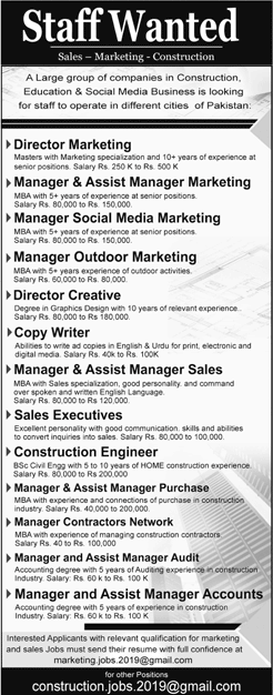 Construction Company Jobs in Pakistan May 2018 June Sales / Marketing Managers & Others Latest