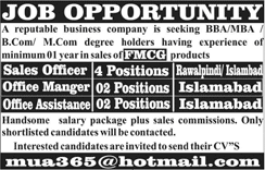 Sales Officer, Office Manager & Assistant Jobs in Islamabad / Rawalpindi 2018 May FMCG Latest