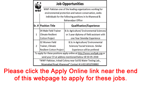 Field Trainer Jobs in WWF Pakistan 2018 May Apply Online Climate Resilient Cotton Project Latest