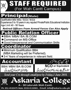 Askaria College Wah Cantt Jobs 2018 May Public Relation Officer, Coordinator & Others Latest