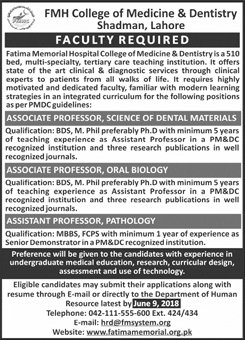 FMH College of Medicine and Dentistry Lahore Jobs May 2018 Teaching Faculty Latest