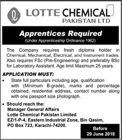 Lotte Chemical Pakistan Apprenticeship 2018 June Apprentices Jobs Latest