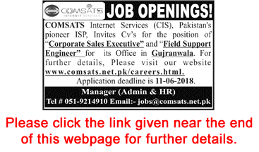 COMSATS Internet Services Gujranwala Jobs 2018 June Corporate Sales Executive & Field Support Engineer Latest