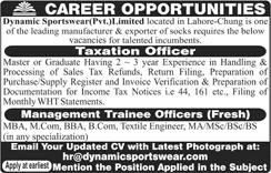 Dynamic Sportswear Pvt Ltd Lahore Jobs 2018 June Management Trainee Officers & Taxation Officer Latest