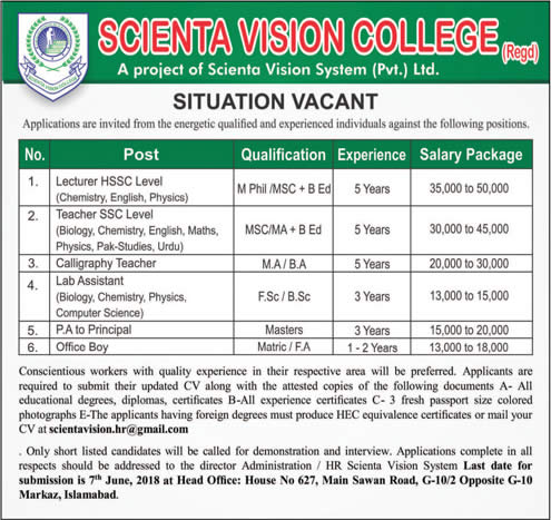 Scienta Vision College Islamabad Jobs June 2018 Lecturers, Teachers, Lab Assistants & Others Latest
