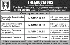 The Educators School Rawalpindi Jobs June 2018 Teachers & Academic Coordinator Walk in Interview Latest