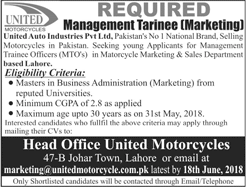 Management Trainee Officer Jobs in United Auto Industries Pvt Ltd Lahore 2018 June Latest
