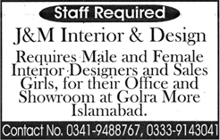 J&M Interior and Design Islamabad Jobs 2018 June Interior Designers & Sales Girls Latest