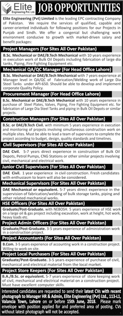 Elite Engineering Pvt Ltd Pakistan Jobs June 2018 Civil / Mechanical Supervisors & Others Latest